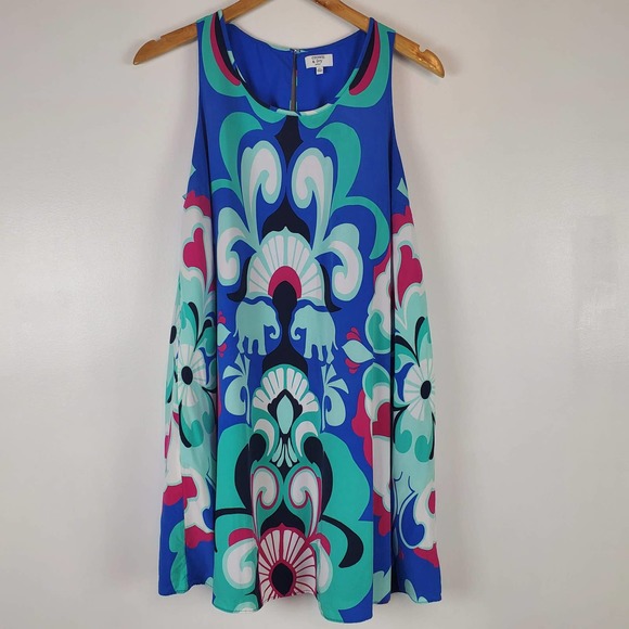 Crown & Ivy sleeveless dress elephant print blue PL petite large - Picture 1 of 3